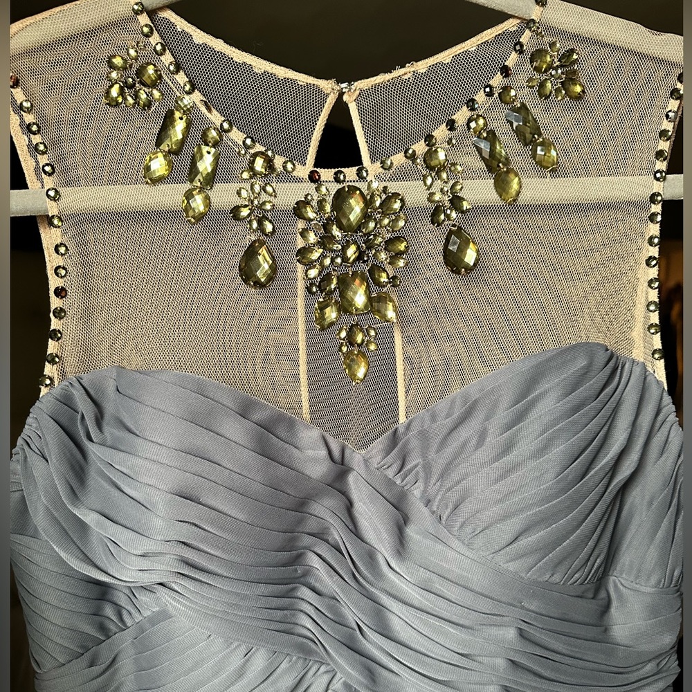 Adrianna Papell gray cocktail dress with sequin neckline